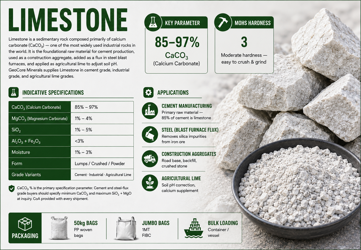 Limestone CaCO3 cement construction India export